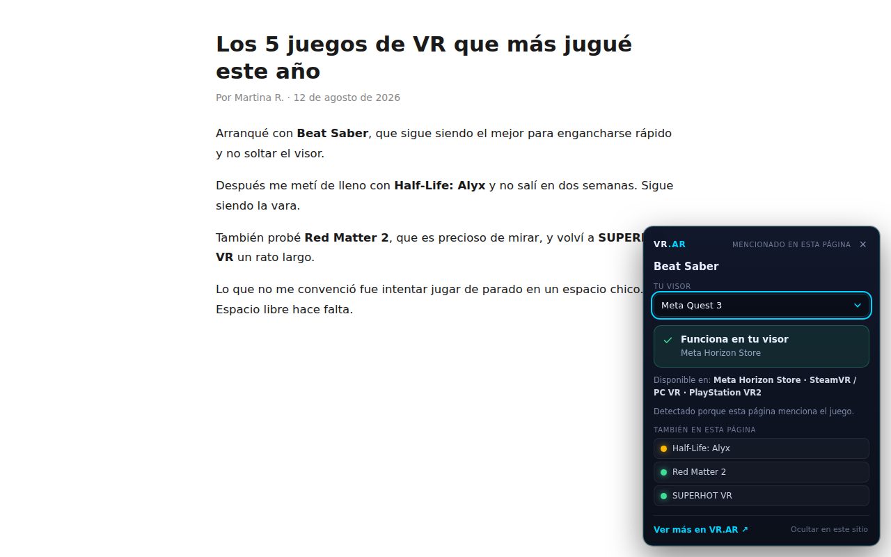 Una nota de blog sobre juegos de VR con la tarjeta de VR.AR abajo a la derecha, indicando que Beat Saber funciona en un Meta Quest 3
