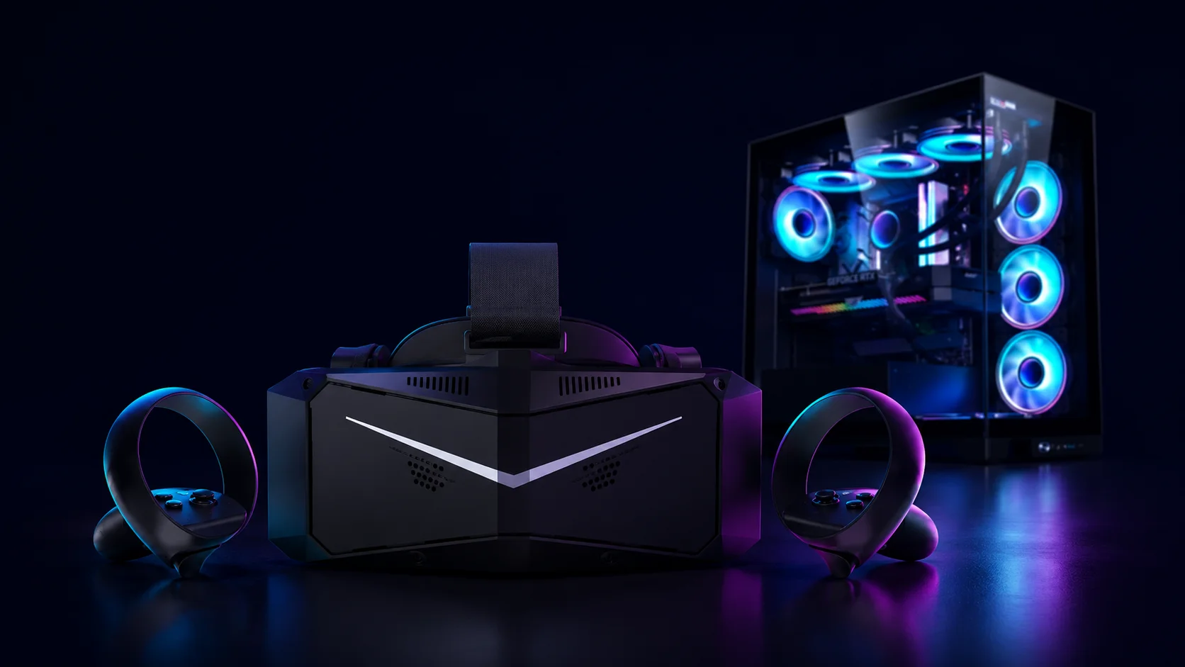 VR headset next to a gaming PC for PCVR