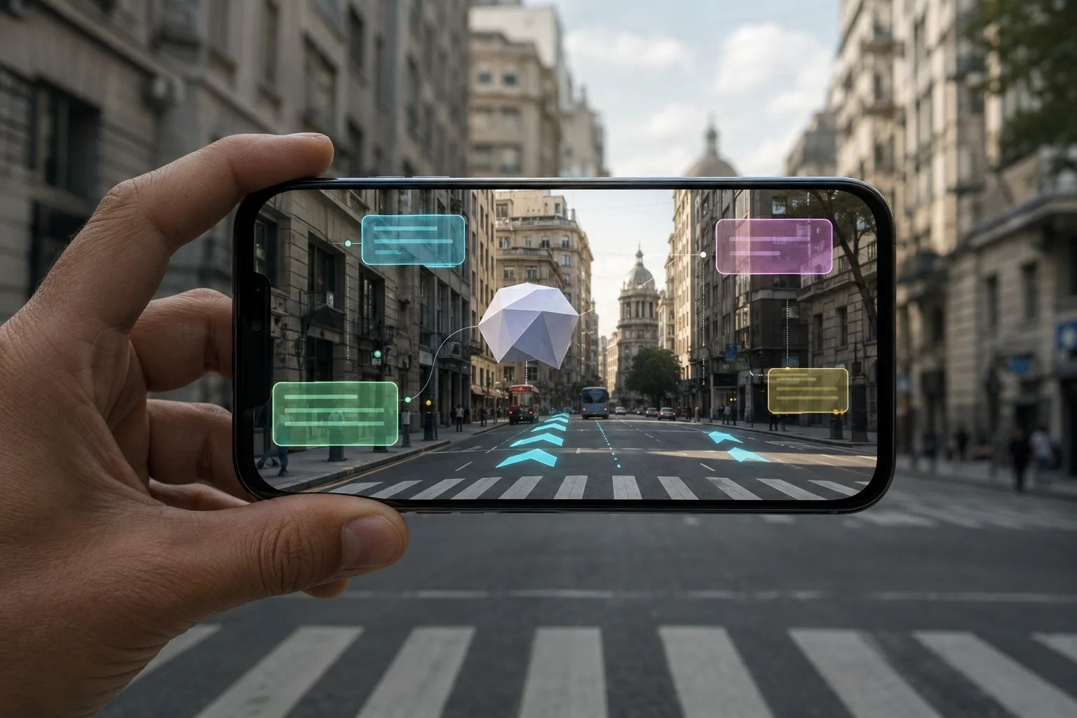 A hand holds a phone up to a city avenue; on the screen, over the same street, float navigation arrows, information cards and a 3D object