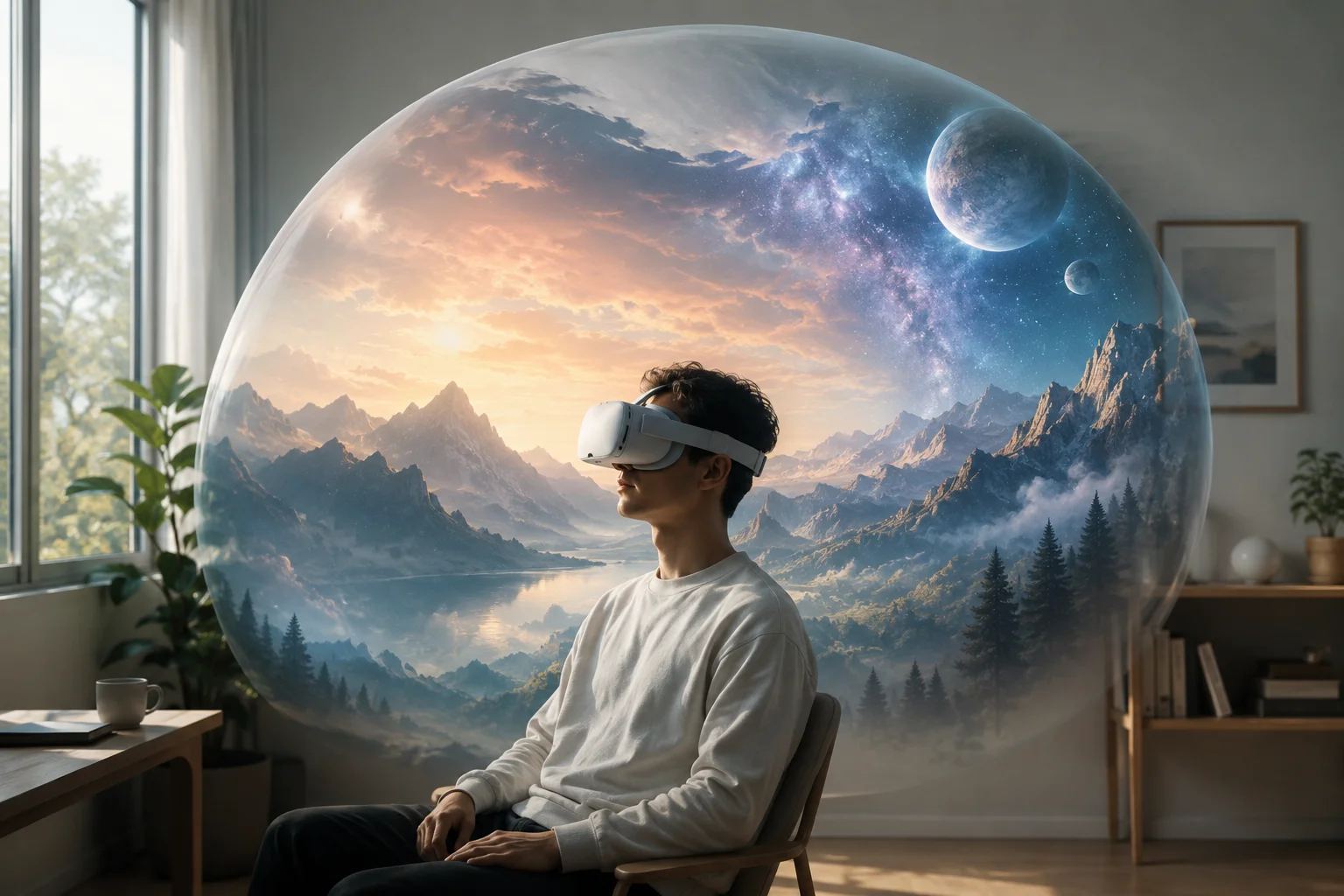 A person wearing a VR headset sits in their living room, surrounded by a translucent bubble showing mountains, a lake and a galaxy