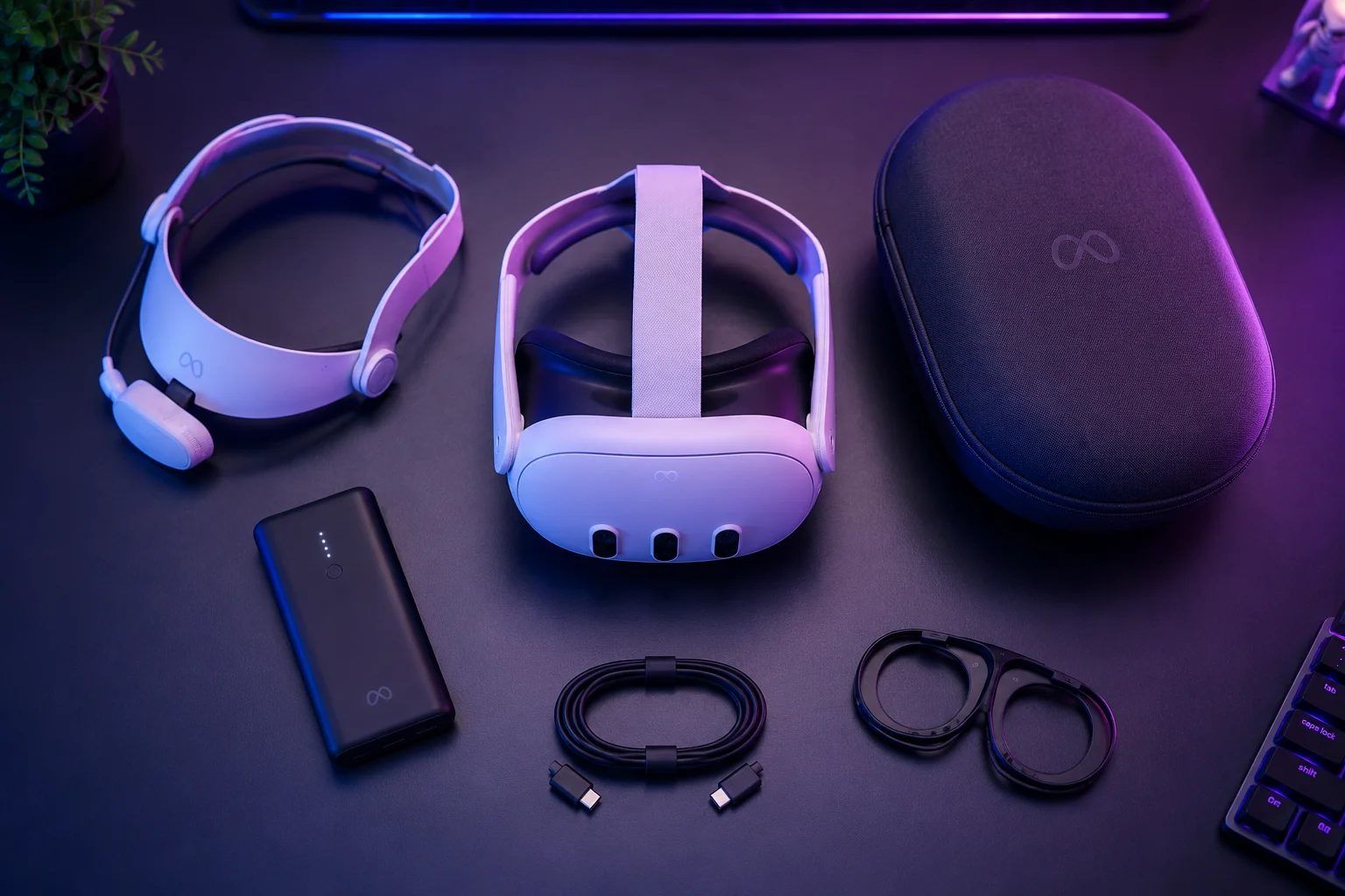 A Meta Quest 3 surrounded by its accessories: battery head strap, power bank, USB-C cable, hard case and prescription lens inserts