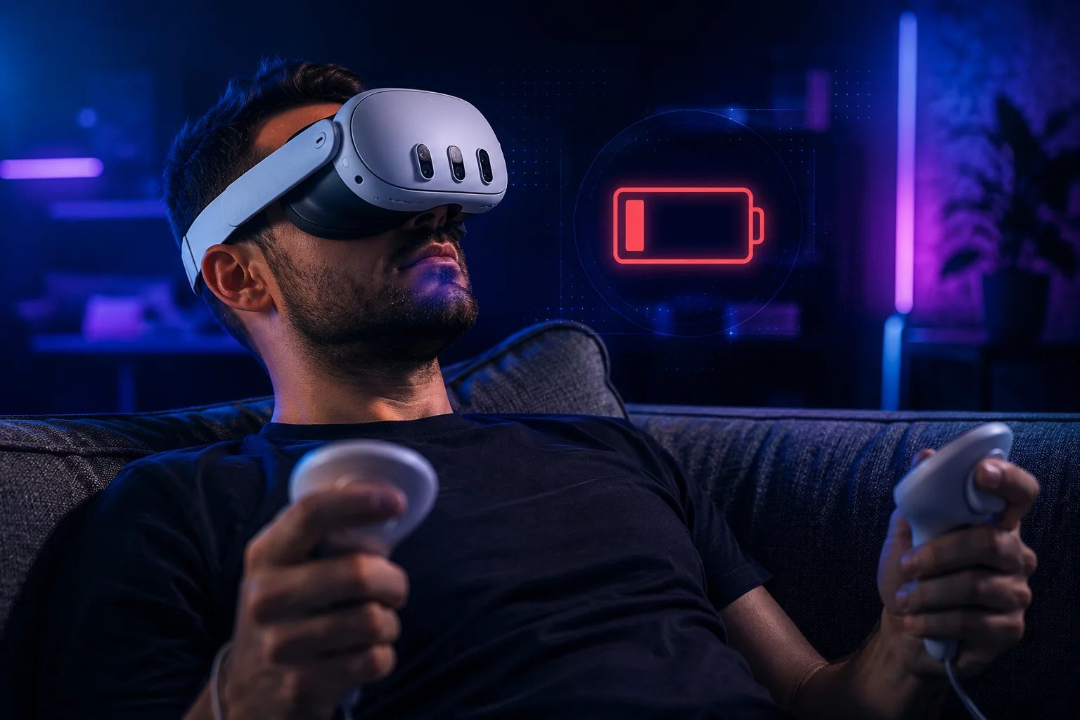 A man playing on a Quest 3 on his couch as a red low-battery icon floats beside him