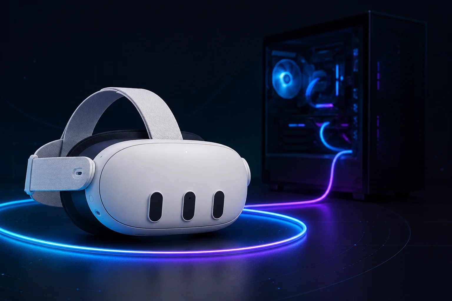 A Meta Quest 3 headset connected to a gaming PC by a glowing link cable