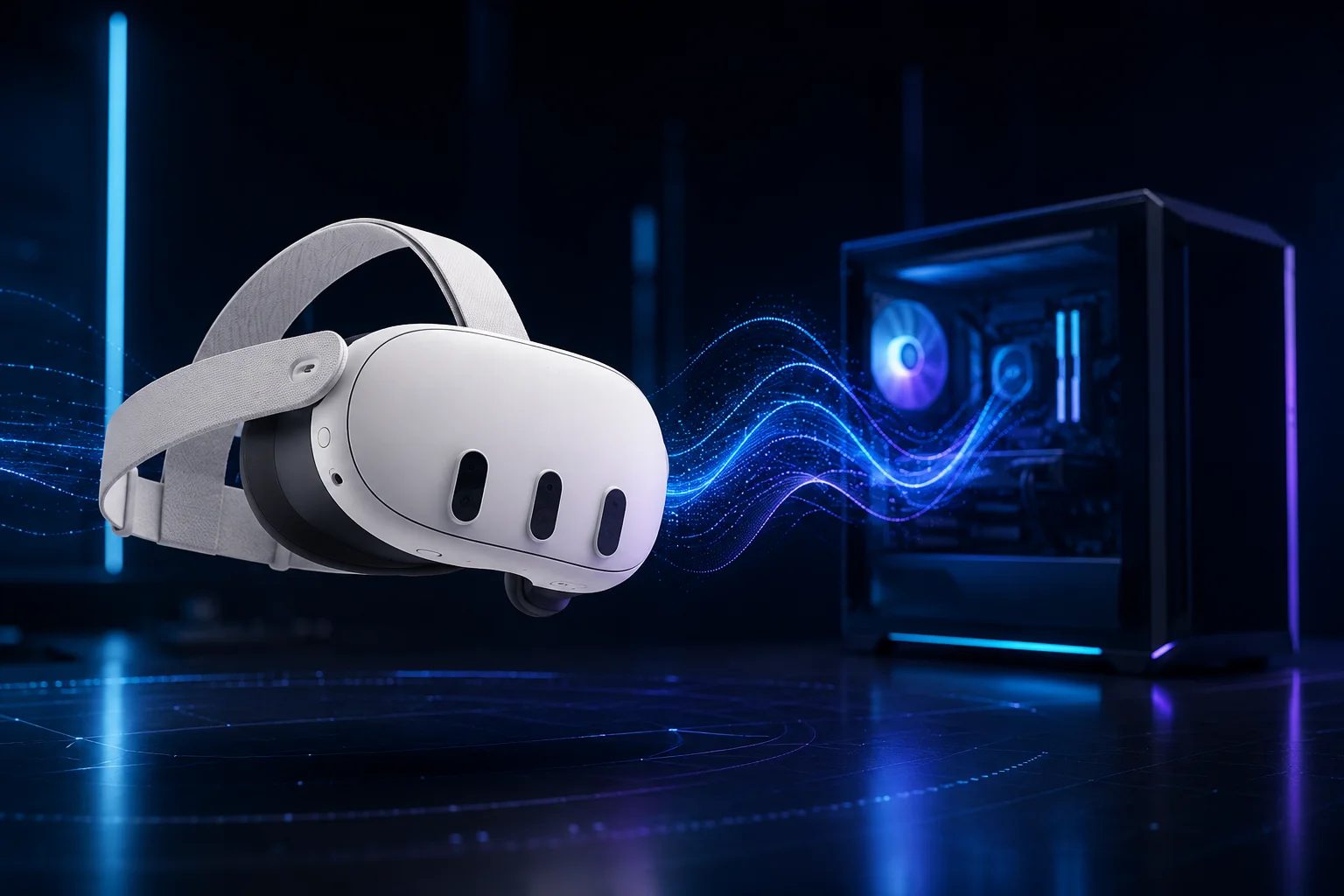 A Meta Quest 3 headset streaming PCVR wirelessly from a gaming PC over a glowing data wave