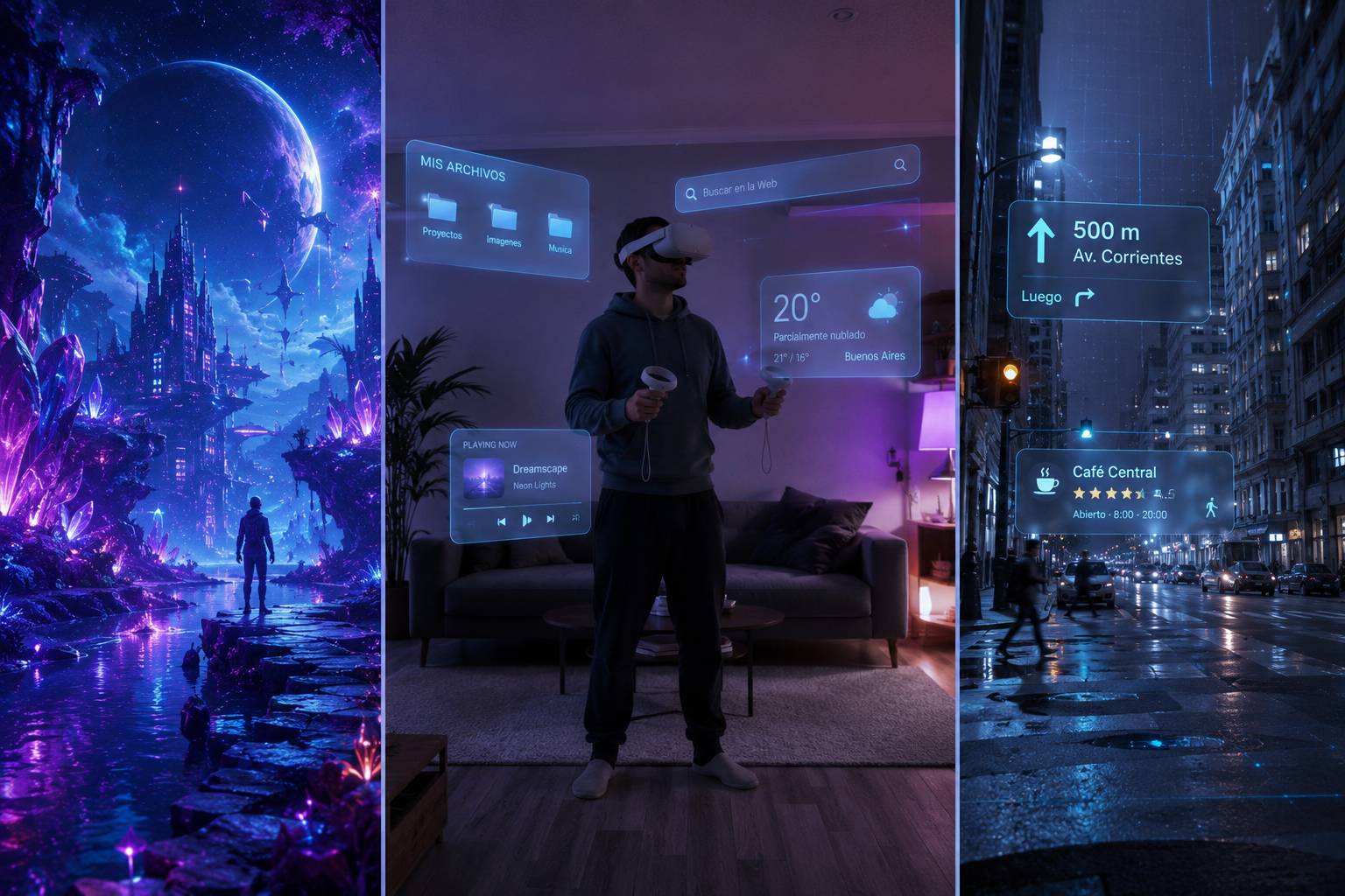 Triptych: a fantastical virtual world, a real living room with floating digital panels (mixed reality), and a street with AR directions overlaid