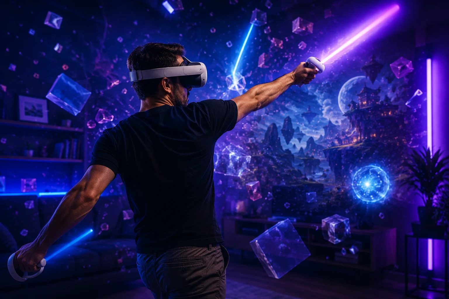 A player swinging glowing sabers in VR as fantastical game worlds burst into his living room