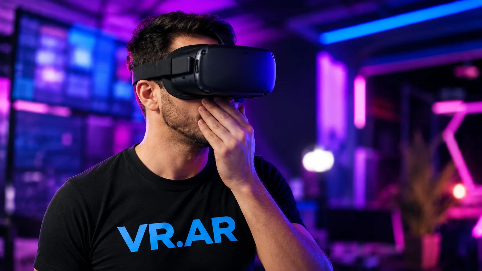 A person in a VR headset with a hand to their face, looking queasy