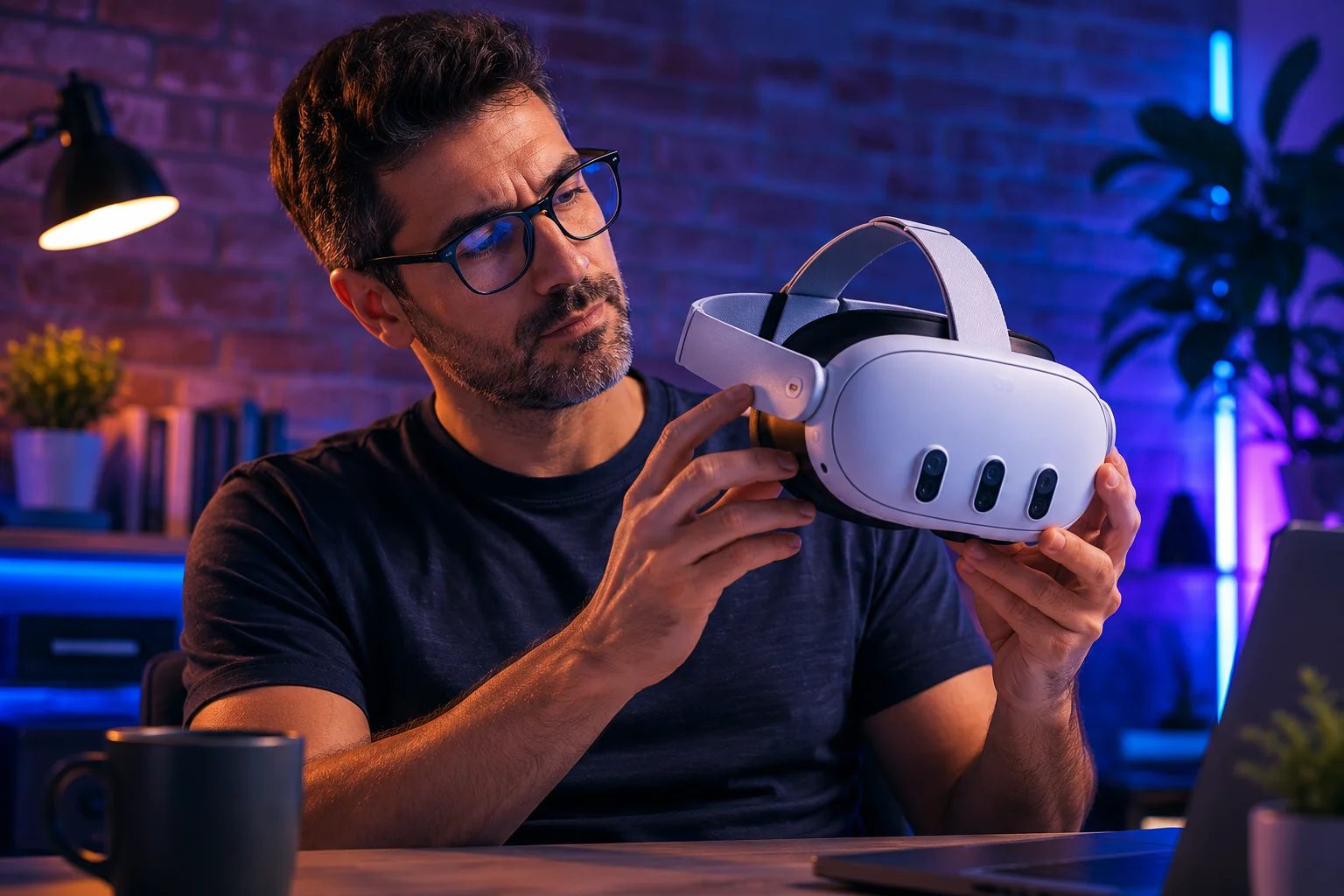 A man wearing glasses examines a Meta Quest 3, wondering how to fit it over his frames